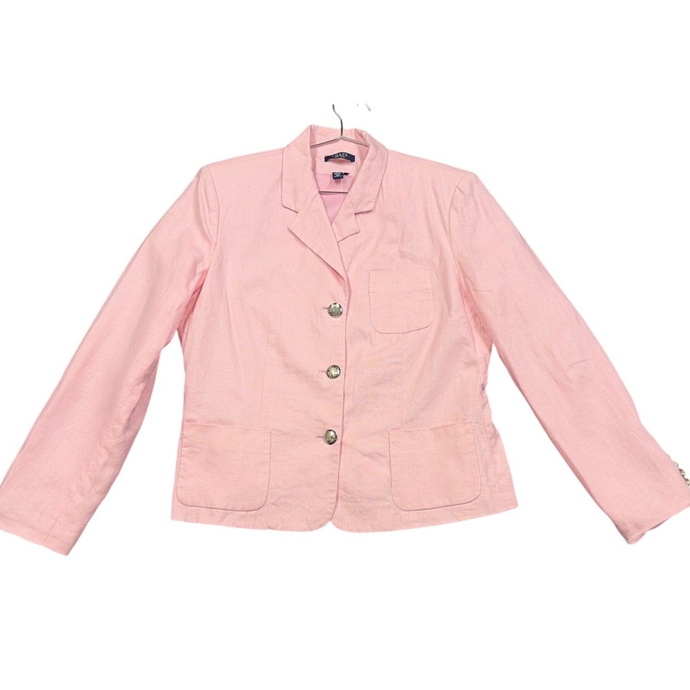 Chaps Blazer Women 14 Pink Linen 3-Button Crest Silver Button Preppy Coastal